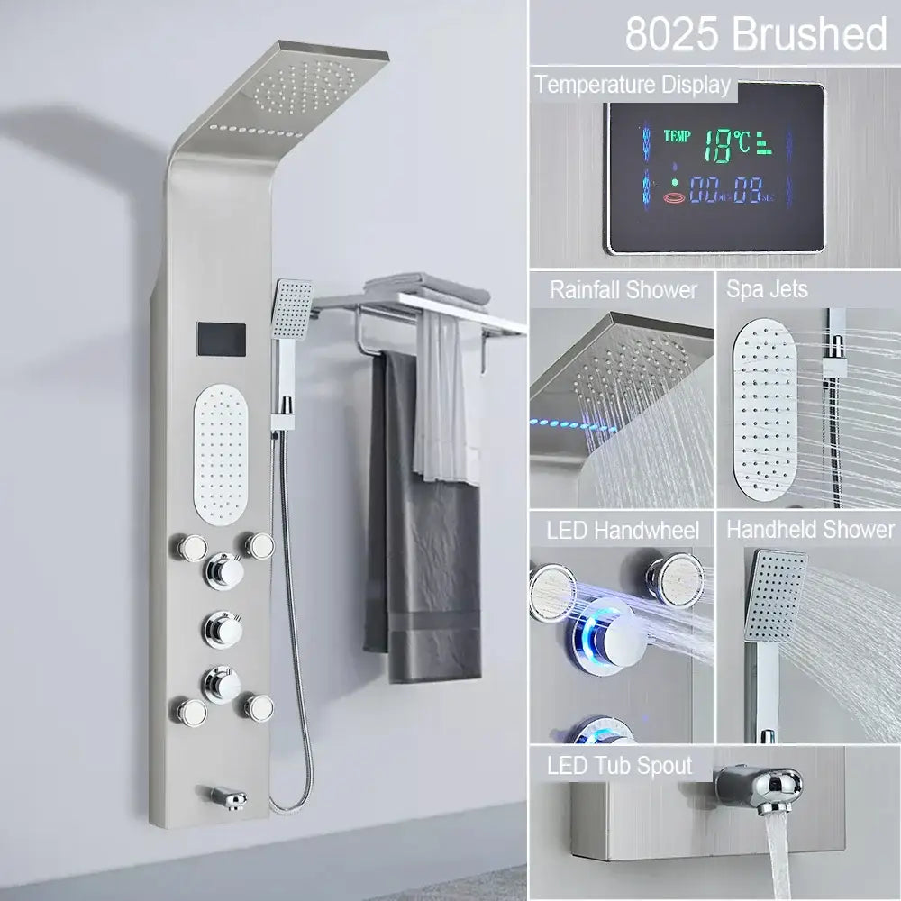 Decorbites™ brushed stainless steel led shower faucet with digital temperature display and multiple spray heads