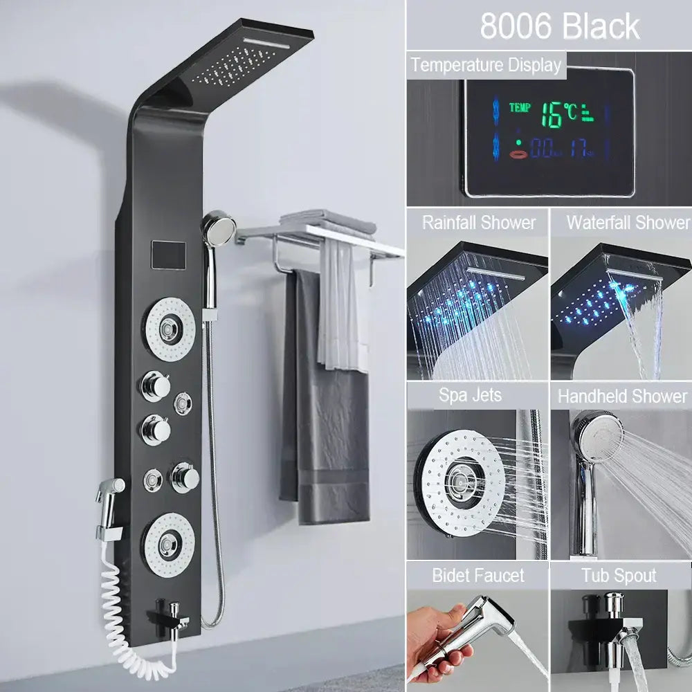 Decorbites black 8006 led shower faucet with rain shower head and multiple control knobs for spa massage settings