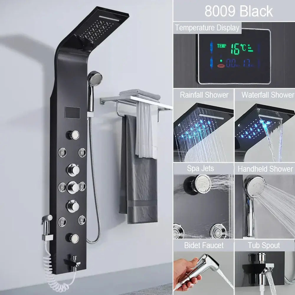 Decorbites™ black led shower faucet with digital temperature display and multiple spray modes including rain and spa jets