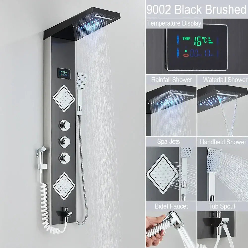 DecorBites black brushed steel led shower faucet with digital temperature display and multiple spray modes