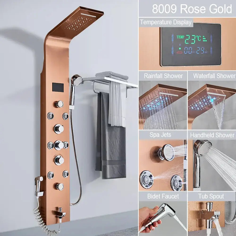 Decorbites rose gold 8009 rainfall led shower faucet with digital temperature display and multiple spray settings