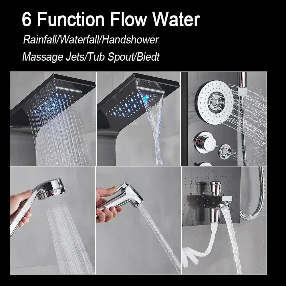 DecorBites black chrome finished 6-function led shower faucet with rainfall, massage jets, tub spout, and bidet spray options