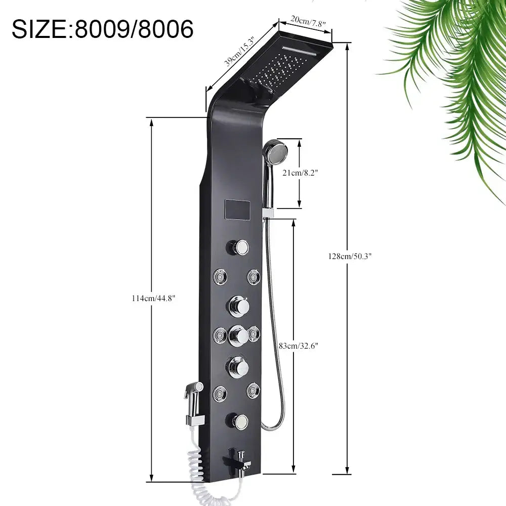 Black chrome led shower faucet with multiple spray heads and control knobs for spa massage and rain shower use