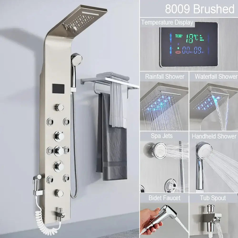 Decorbites brushed stainless steel 8009 black led shower faucet panel with digital temperature display and spray functions