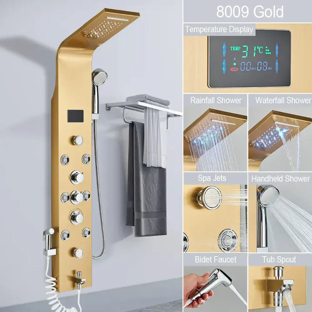 Gold-finished 8009 led shower faucet with digital temperature display and multiple spray modes for spa massage use