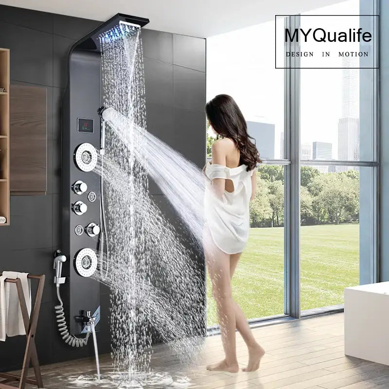 DecorBites black myqualife led shower faucet with multiple spray heads and control knobs for spa massage use