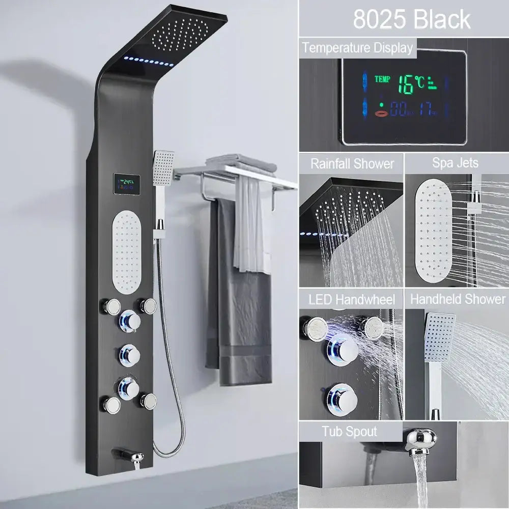 DecorBites™ black led shower faucet 8025 model with digital temperature display and multiple spray settings