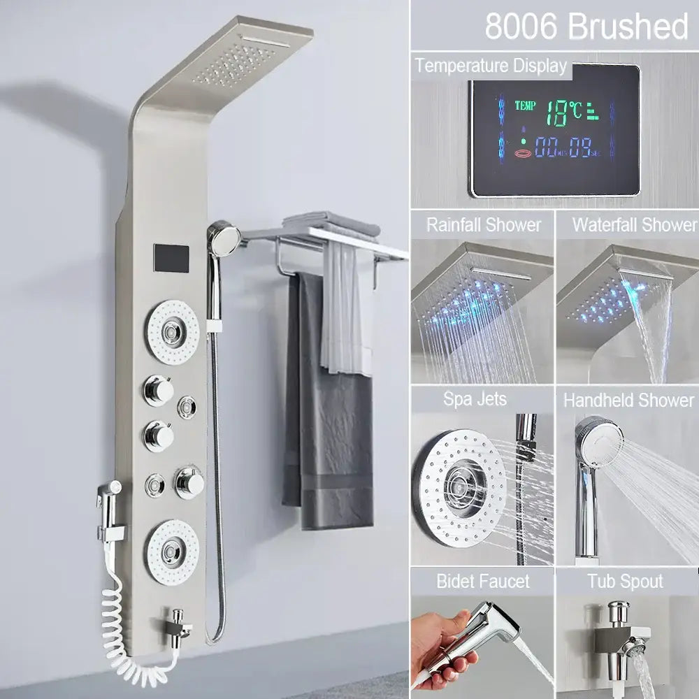 Decorbites brushed stainless steel 8006 led shower faucet with digital temperature display and multiple spray heads