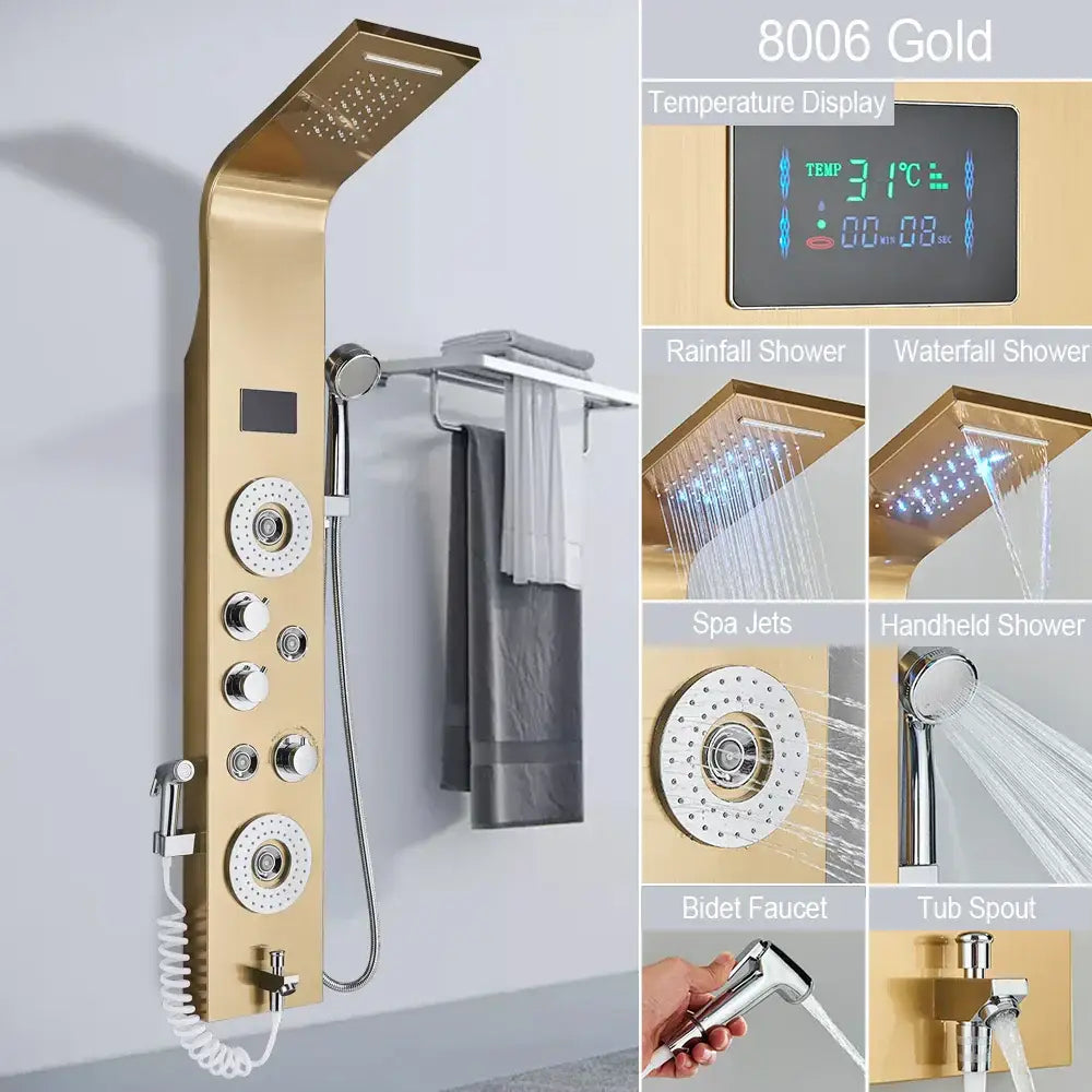 Gold-finished 8006 model shower faucet with led shower faucet digital temperature display and multiple spray heads