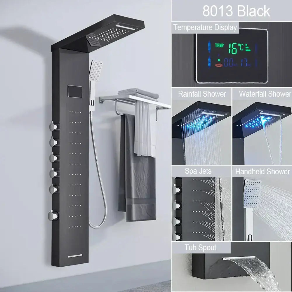 DecorBites black 8013 led shower faucet with multiple spray settings and digital temperature display for spa massage