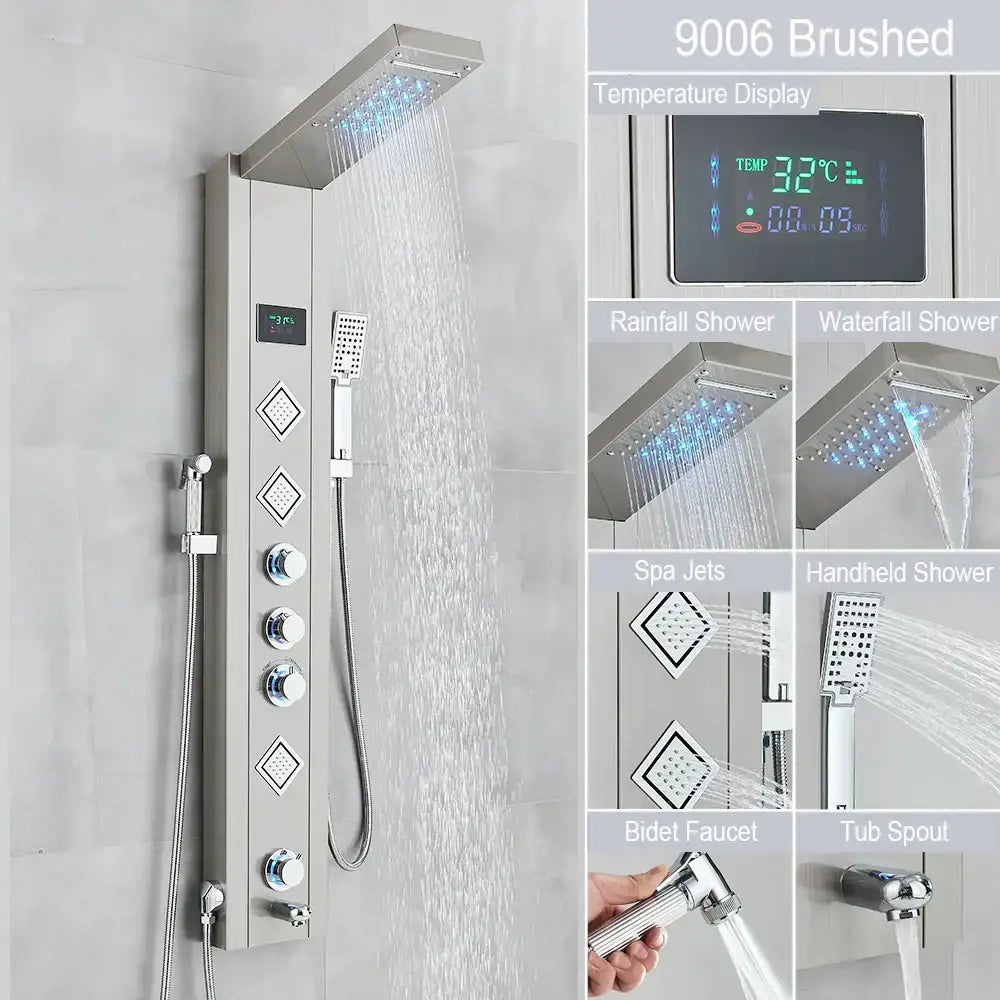 Decorbites™ black led shower faucet with 9006 brushed stainless steel rain shower system and digital temperature display
