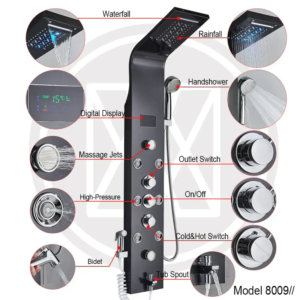 Black chrome finished DecorBites led shower faucet with multiple spray heads and digital display for spa massage use