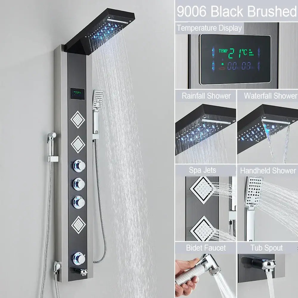DecorBites black brushed steel led shower faucet with digital temperature display and multiple spray modes