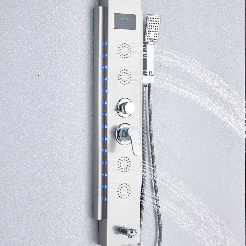 Modern chrome finished decorbites black led shower panel with blue led lighting and multiple spray heads for bathroom use