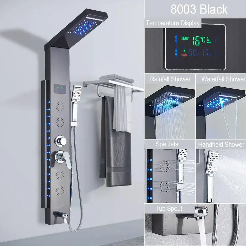 Decorbites black led shower panel 8003 model with sleek chrome accents and blue led lighting for modern bathrooms
