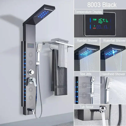 Decorbites black led shower panel 8003 model with sleek chrome accents and blue led lighting for modern bathrooms