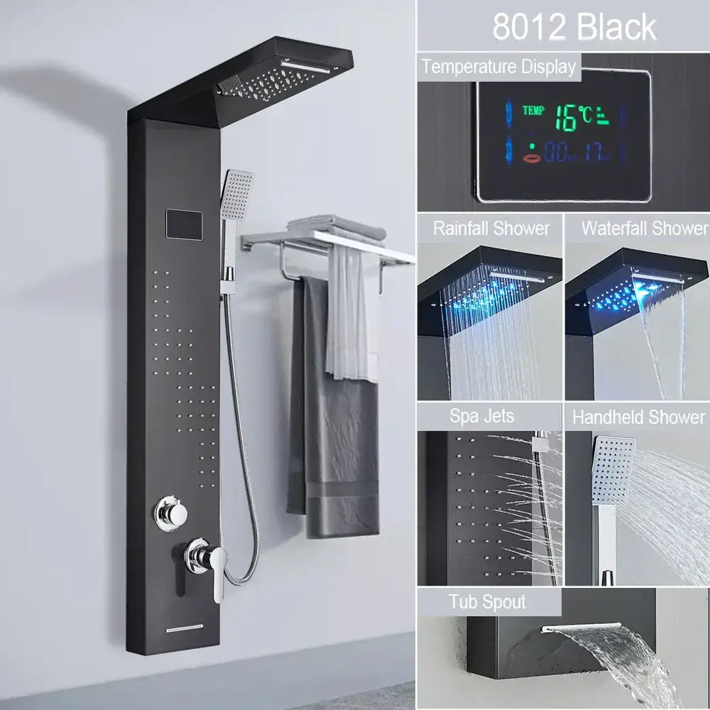 DecorBites black led shower panel in black with multiple spray heads and digital temperature display for wall mount use
