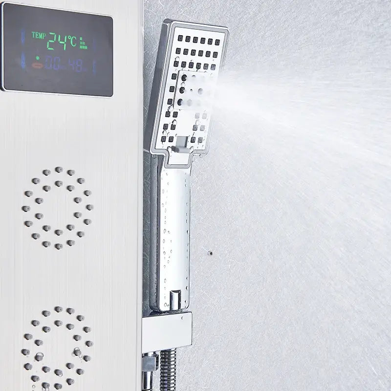 Modern chrome-finished showerhead with digital temperature display on decorbites black led shower panel faucet