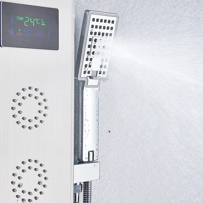 Modern chrome finished decorbites black led shower panel with digital temperature display showing 24°c for bathroom use