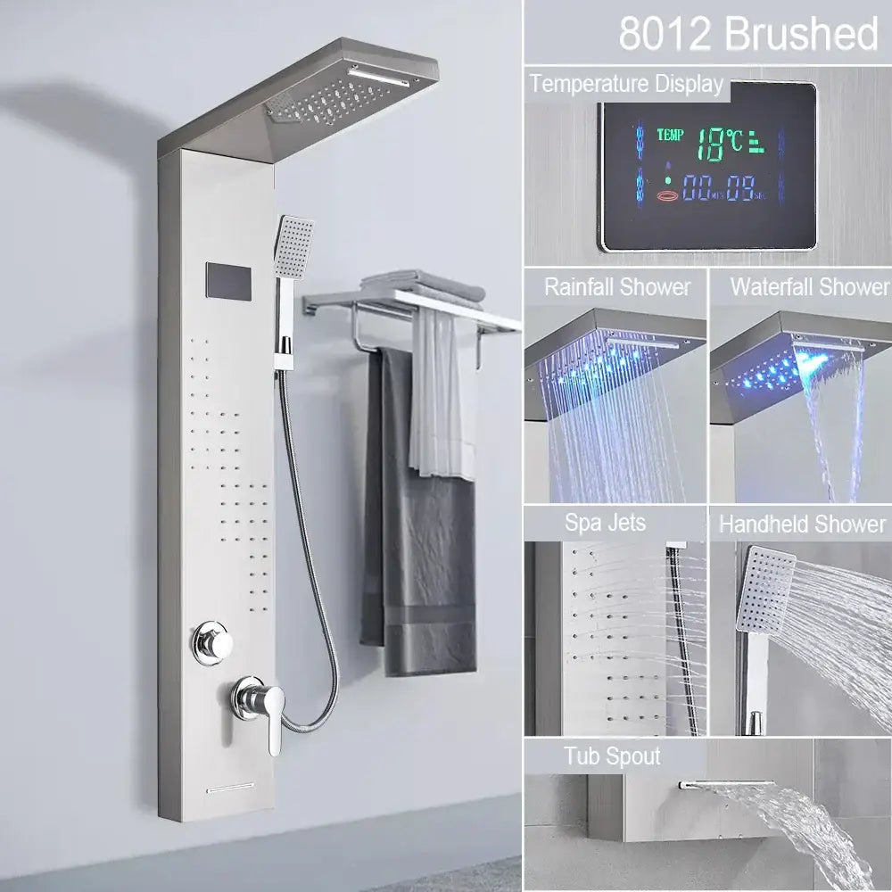 DecorBites black led shower panel in brushed stainless steel 8012 with digital temperature display and five spray functions