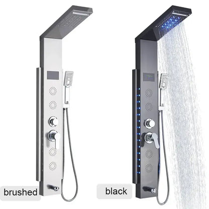 Modern luxury DecorBites black LED shower panel in brushed stainless steel with 5 spray functions and integrated lighting