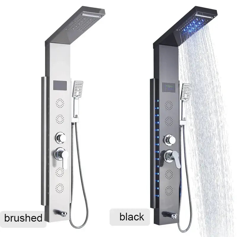 Modern luxury DecorBites black LED shower panel in brushed stainless steel with 5 spray functions and integrated lighting