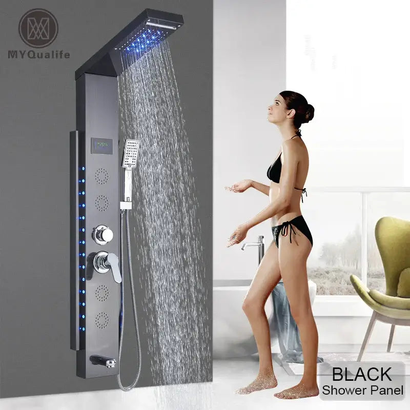 Decorbites black led shower panel with blue led lighting and five spray functions for wall mount bathroom use