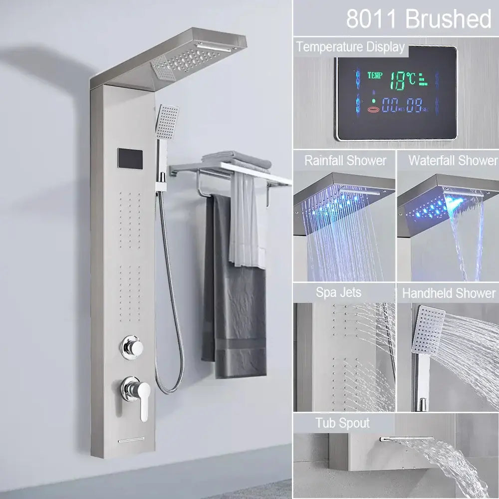 Decorbites black led shower panel with 8011 brushed stainless steel finish digital temperature and multiple spray modes