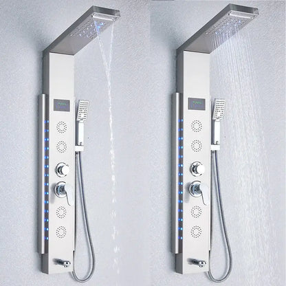Modern chrome-finished decorbites black led shower panel featuring integrated led lighting and multiple spray settings