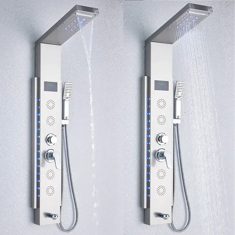 Modern chrome-finished decorbites black led shower panel with integrated led lighting and multiple spray settings