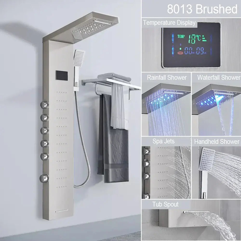Decorbites black led shower panel in brushed stainless steel 8013 with digital temperature display and multiple spray modes
