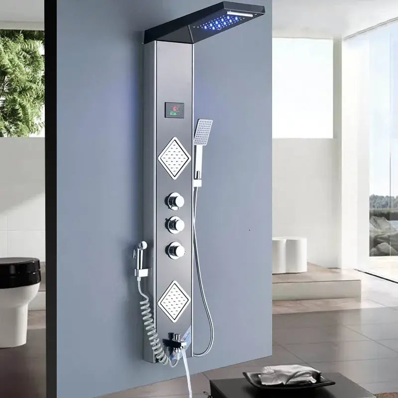 Modern chrome-finished decorbites black led shower panel with digital screen thermostatic mixer and multiple control knobs