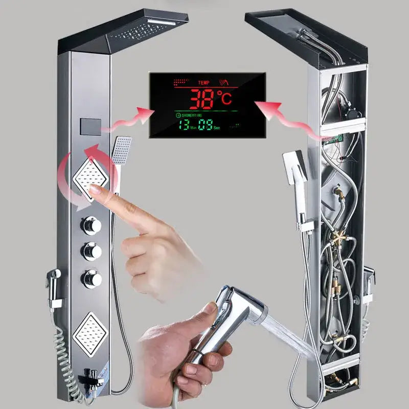 Modern chrome finished decorbites black led shower panel with digital temperature display and multiple spray heads
