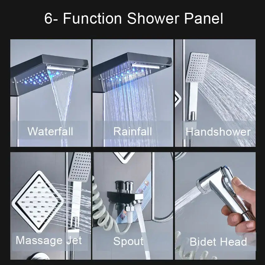 Modern chrome-finished 6-function shower panel with waterfall rainfall massage and bidet in decorbites black led shower tower