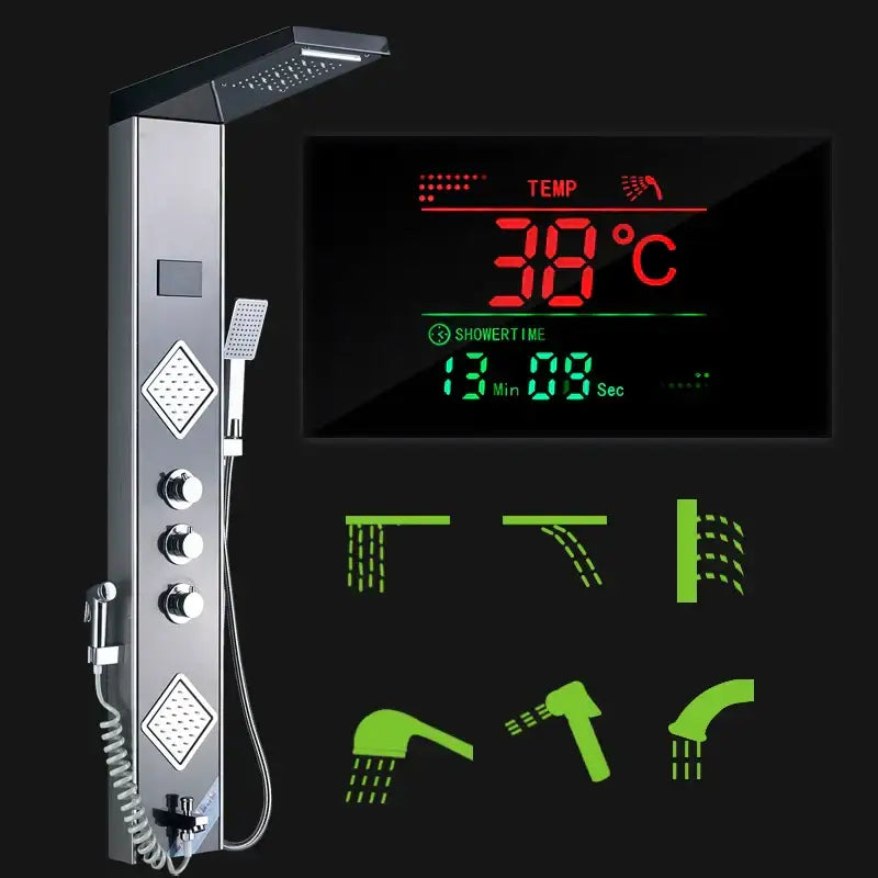Modern chrome-finished decorbites black led shower panel tower with digital screen showing temperature and time