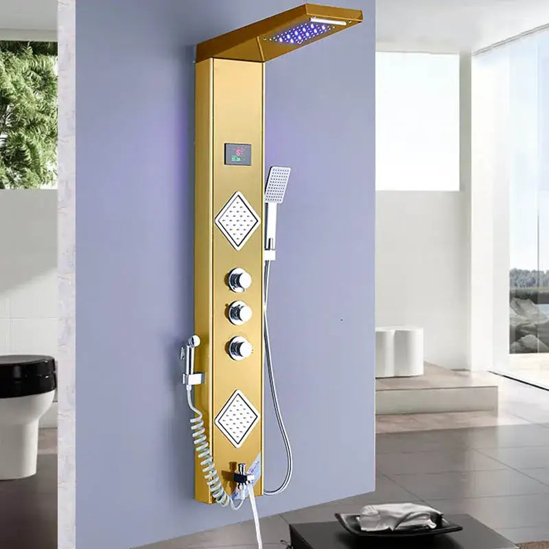 Gold-colored DecorBites black LED shower panel with rectangular rainhead, blue LED lights, digital screen, and thermostatic mixer