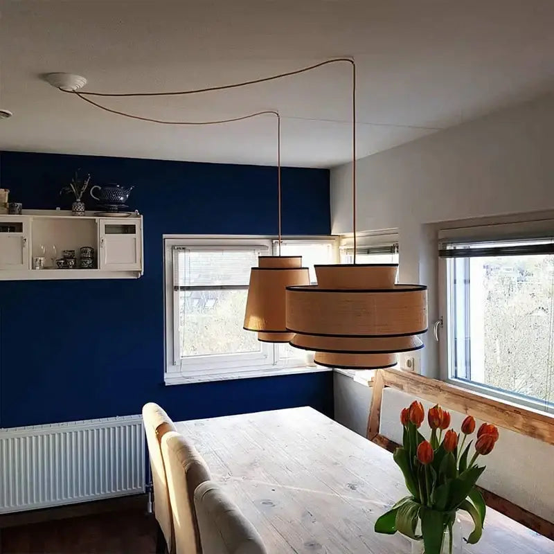 Two tiered beige pendant light with black led strip trim by DecorBites for dining living kitchen or office use