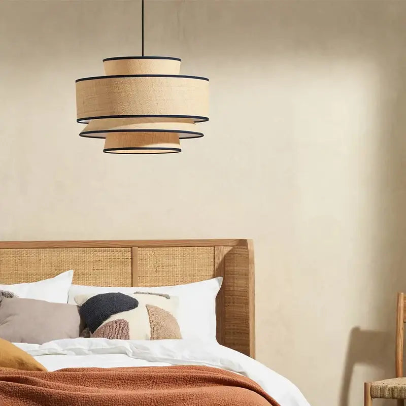 Beige woven pendant light with black trim featuring black led strip for dining living room kitchen and office use