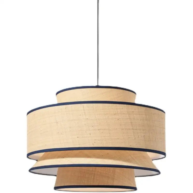 Beige woven lampshade with navy blue trim on DecorBites™ black led strip pendant light for dining and living room
