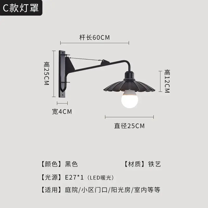 Decorbites black led swing arm wall lamp in black wrought iron with fluted shade and e27 led bulb for bedroom and balcony decor