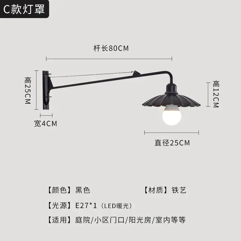 DecorBites black led swing arm wall lamp in black wrought iron with fluted shade and e27 led bulb for indoor and outdoor use