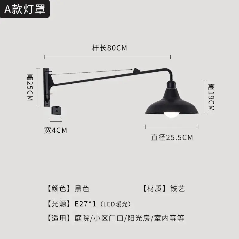 DecorBites black led swing arm wall lamp in black iron with classic dome shade for bedroom balcony and aisle lighting