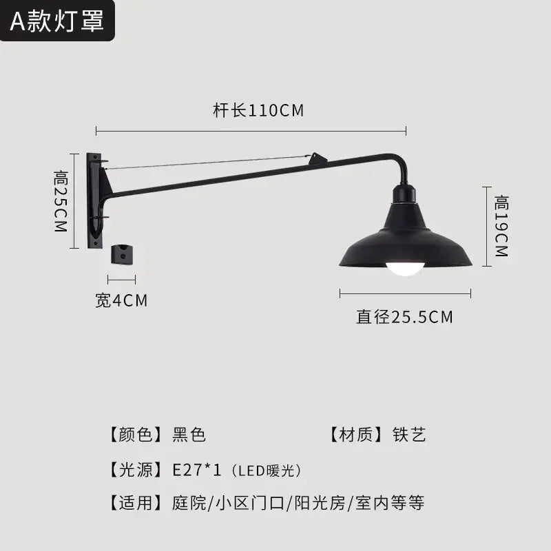 Decorbites black led swing arm wall lamp in black iron with industrial design for outdoor and indoor use