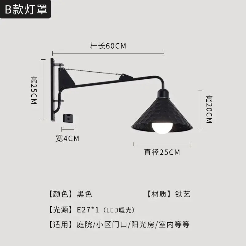 DecorBites black led wall lamp with swing arm and textured conical shade for bedroom outdoor decor