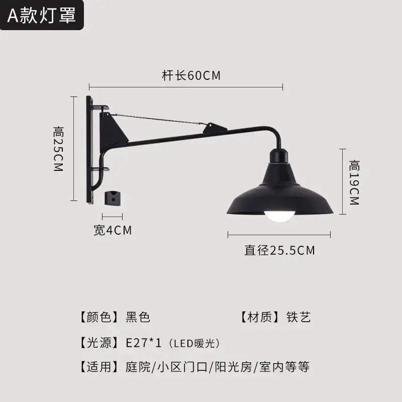 Decorbites black led swing arm wall lamp in black iron with matte finish and industrial design for bedroom balcony aisle