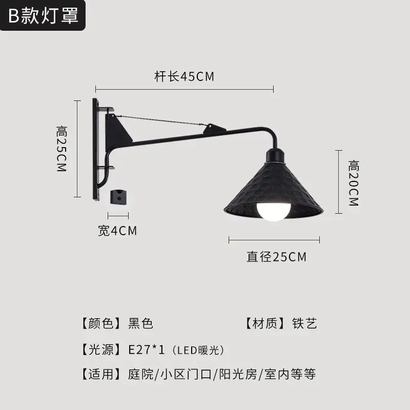 DecorBites black LED swing arm wall lamp with textured conical shade in black iron for bedroom balcony and aisle decor