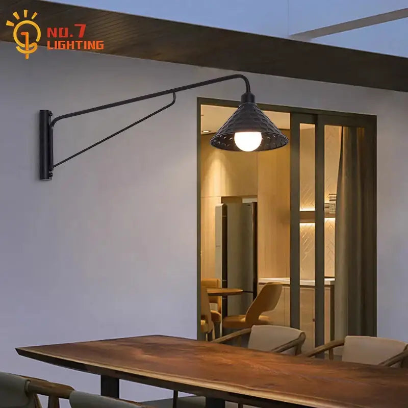 Decorbites black led wall lamp with swing arm and textured conical shade for bedroom balcony and aisle decor