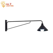 DecorBites black LED swing arm wall lamp with wrought iron and textured conical shade for outdoor and indoor decor