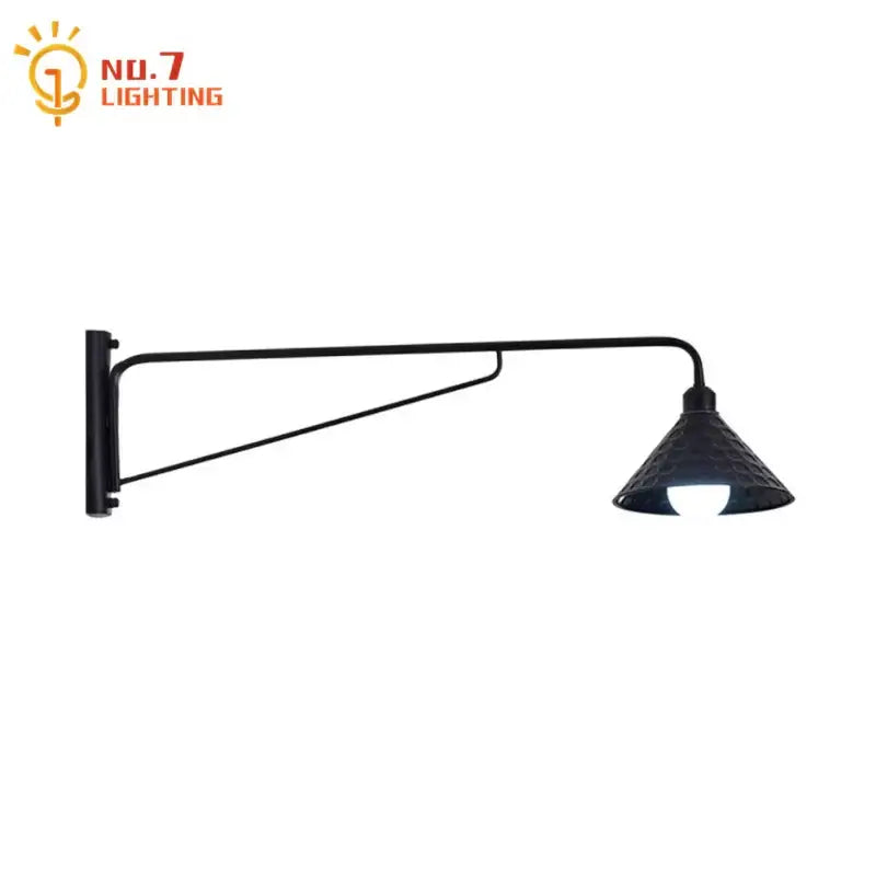 DecorBites black LED swing arm wall lamp with wrought iron and textured conical shade for outdoor and indoor decor