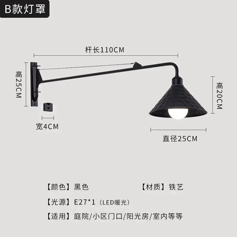 DecorBites black LED wall lamp with swing arm and textured conical shade in black iron for bedroom outdoor decor